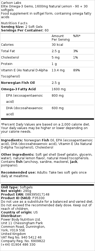Elitni Omega-3 biseri, 1600 mg naravne limone - 90 + 30 mehkih gelov - slika 2