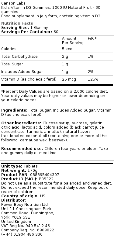 Otroški vitamin D3 Gumiji, 1000 IE, naravno sadje - 60 gumijev - slika 2