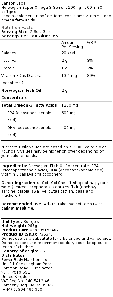 Norwegian Super Omega-3 Gems, 1200 mg - 100 + 30 mehkih gelov - slika 2