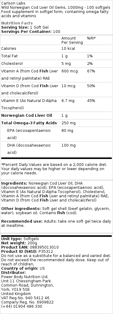Divje norveško olje iz jeter trske Gems, 1000 mg - 100 mehkih gelov - slika 2