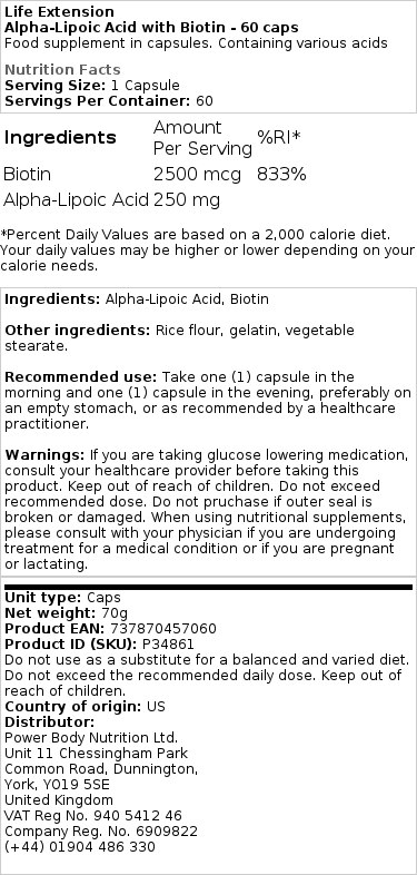 Alfa-lipoična kislina z biotinom - 60 kapsul - slika 2