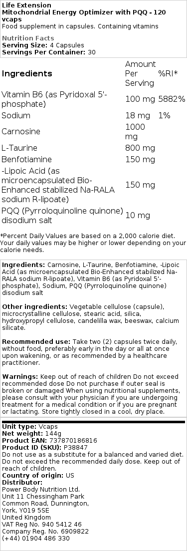 Mitohondrijski optimizator energije s PQQ - 120 kapsul - slika 2