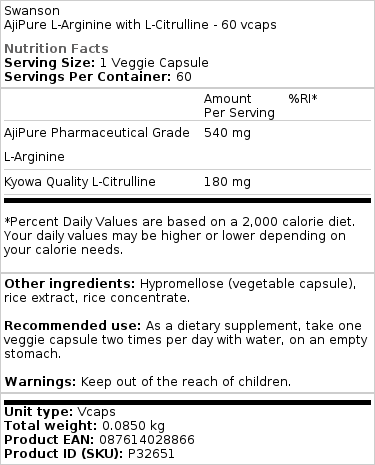 AjiPure L-arginin z L-citrulinom - 60 kapsul - slika 2