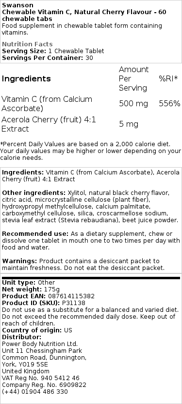 Natural Cherry Flavour - 60 chewable tabs