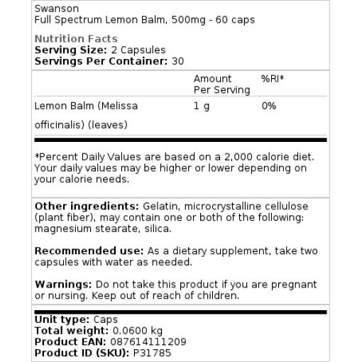 Popolni spekter Melisa, 500 mg - 60 kapsul - slika 2
