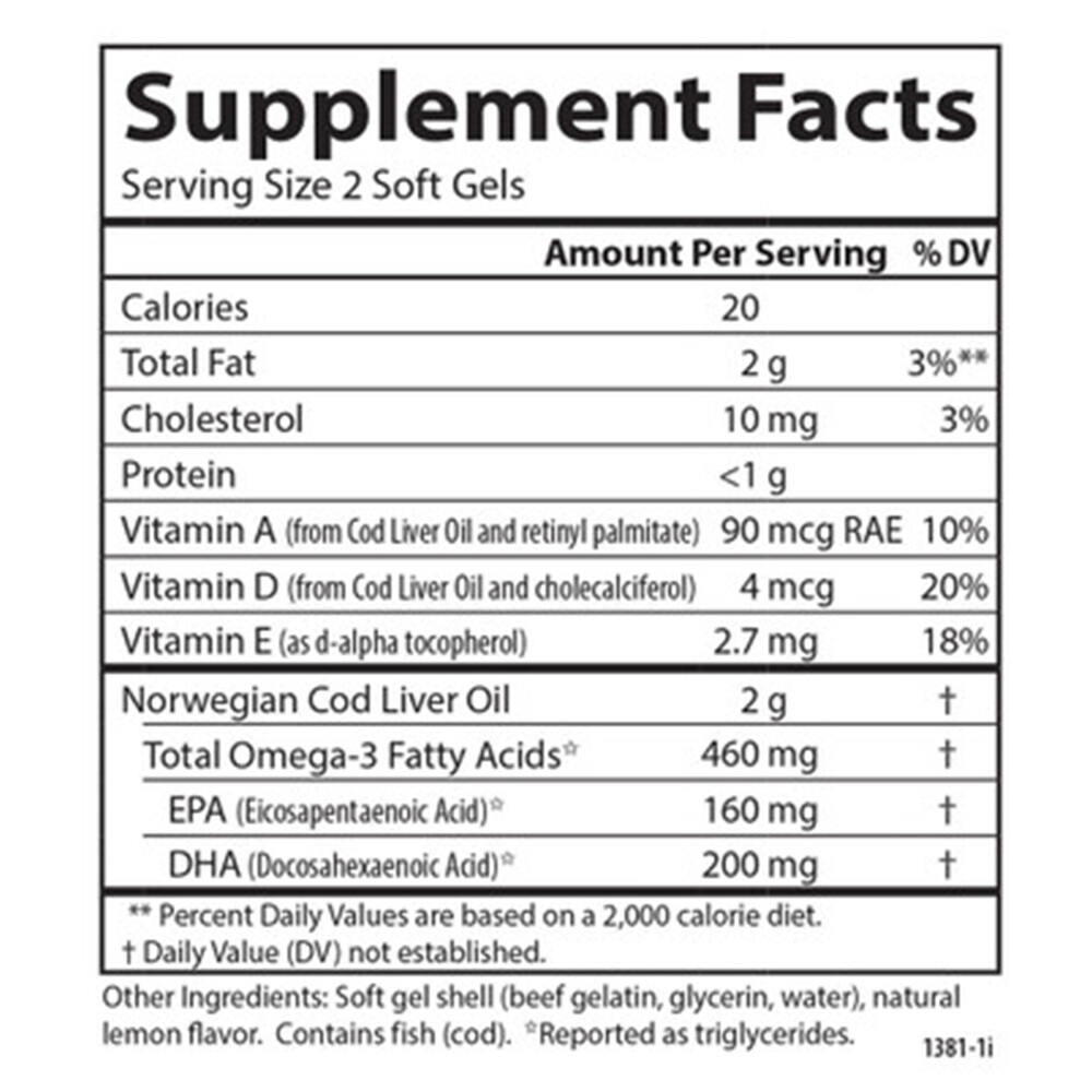 Divje norveško olje iz jeter trske, 460 mg - 150 + 30 mehkih gelov bi lahko prevedli kot "Wild Norwegian Cod Liver Oil, 460 mg - 150 + 30 Softgels - slika 3